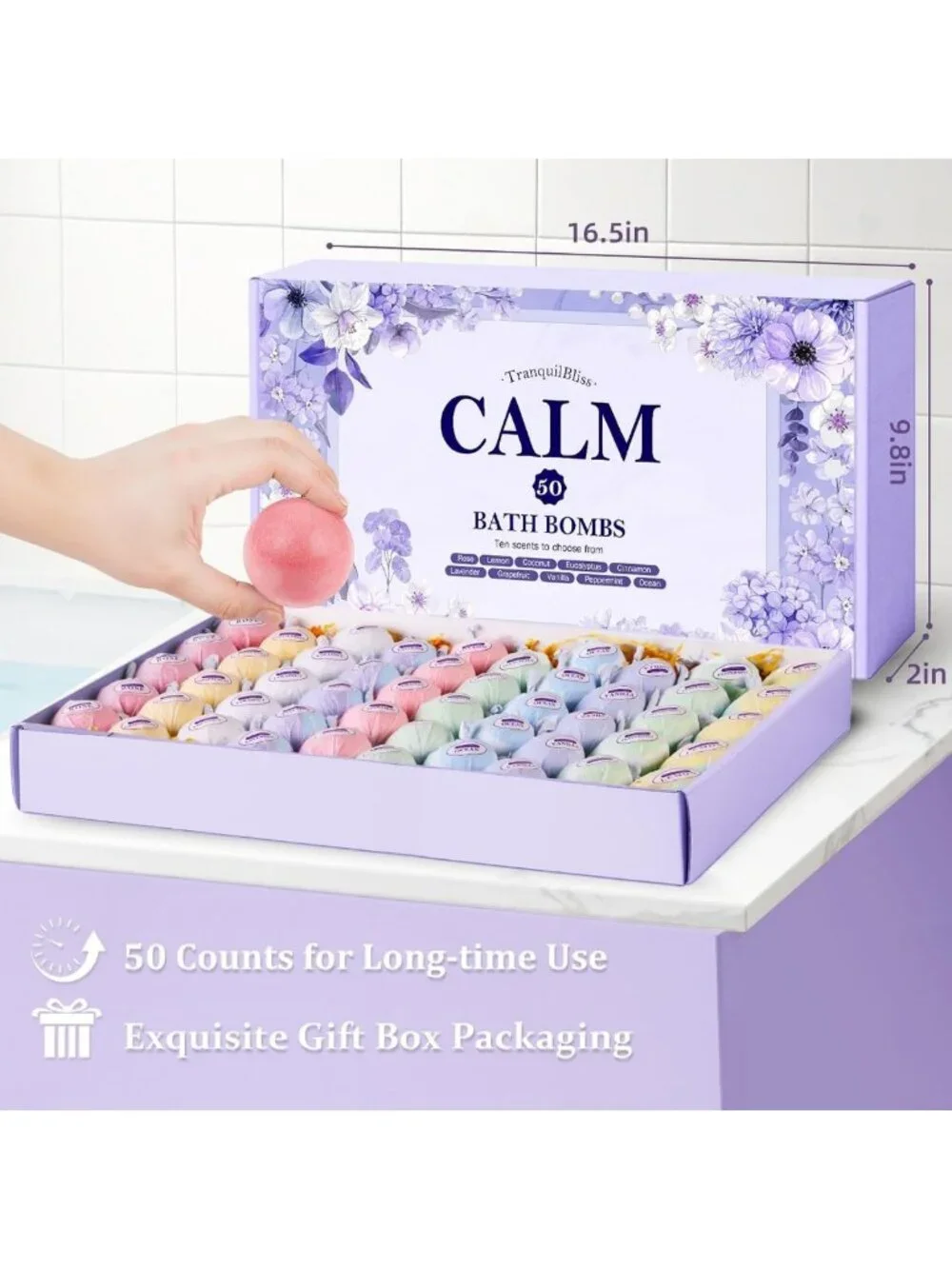 50 PCS Natural Bath Bombs Set for Women - 10 Scents, Relaxing Spa Gift